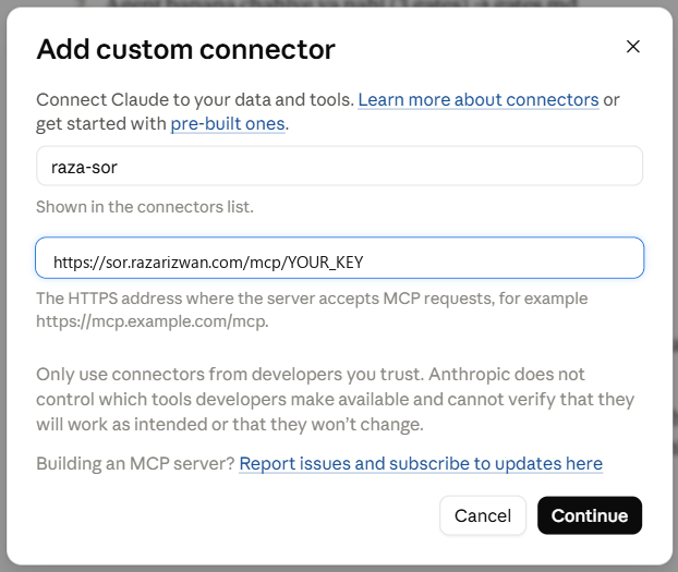 The Add custom connector dialog in Claude with the name raza-sor and the MCP server URL filled in.