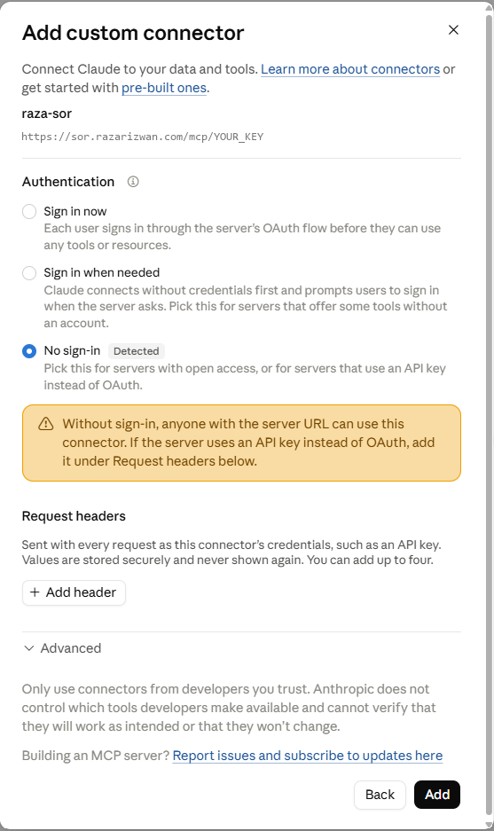 The Authentication step in Claude with No sign-in selected and the Request headers left empty.