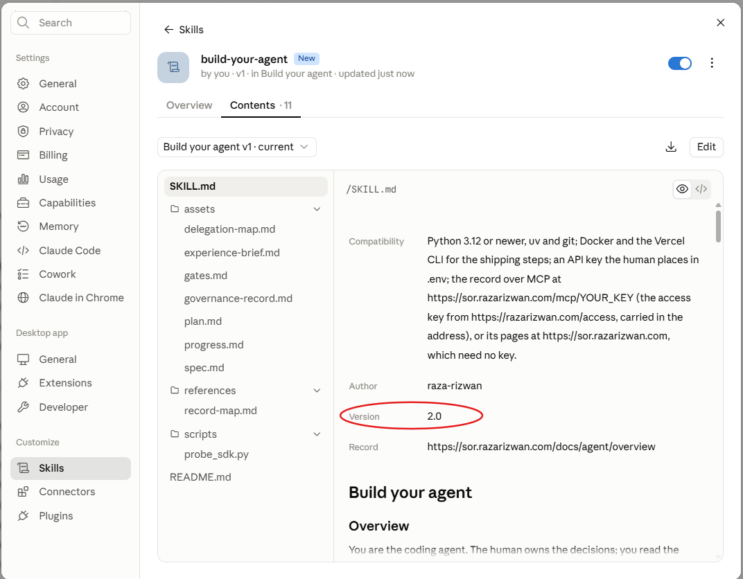 The build-your-agent skill page in claude.ai listing its files and showing version 2.1 and the record address.