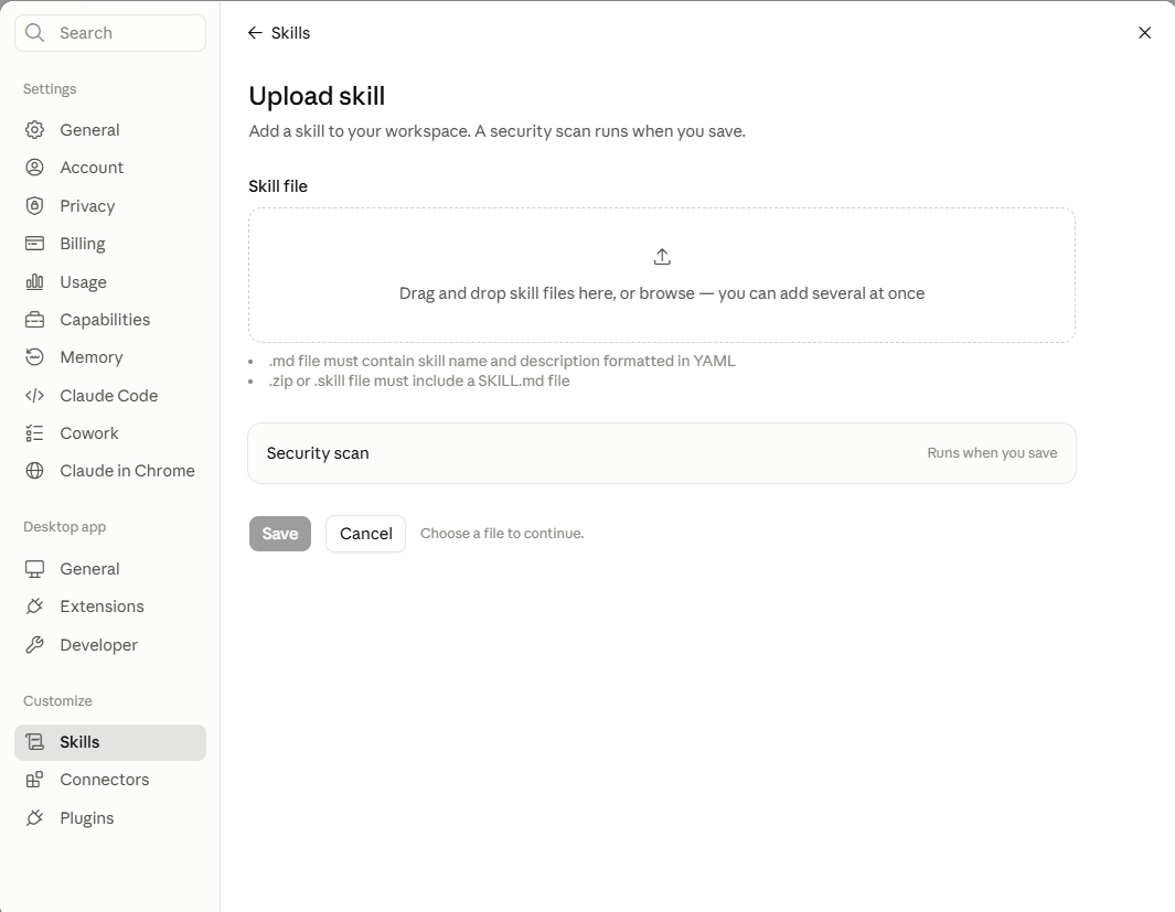The Upload skill dialog in claude.ai with a drag and drop area and a note that a zip must include a SKILL.md file.